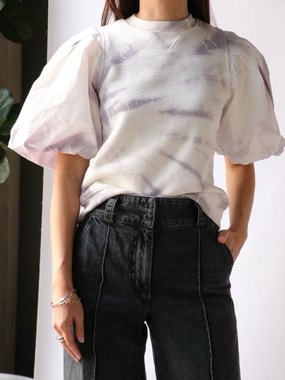 ULLA JOHNSON Elliot Pullover Puff Sleeve Thistle Purple Tie Dye 100% Cotton